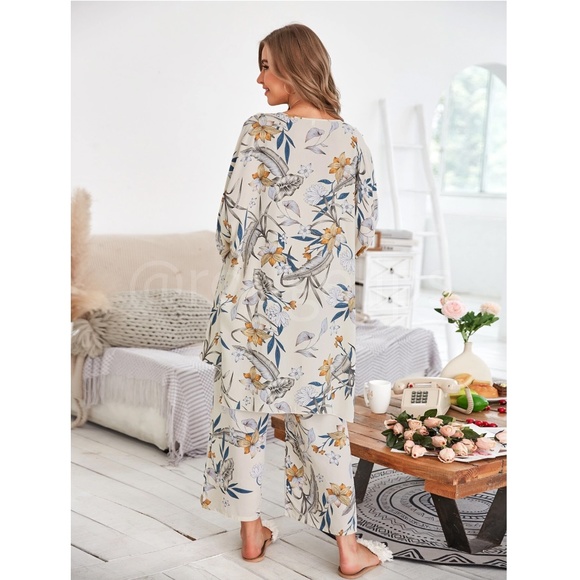 3 Piece Beige Floral Print Pajama Set - Picture 2 of 7